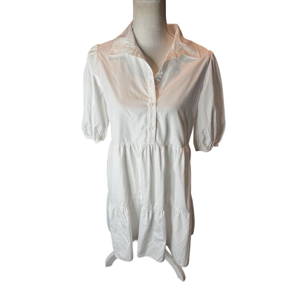 Amanda Uprichard Pierre White Dress Size Med Tiered Puff Sleeve Button Front